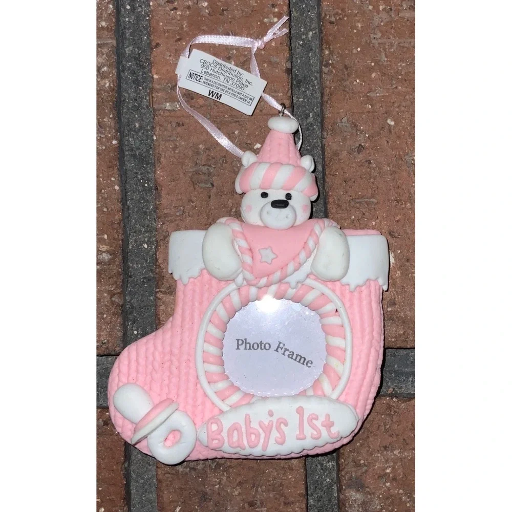 Baby's 1st Christmas Pink Christmas‎ Holiday Stocking Ornament Photo Frame